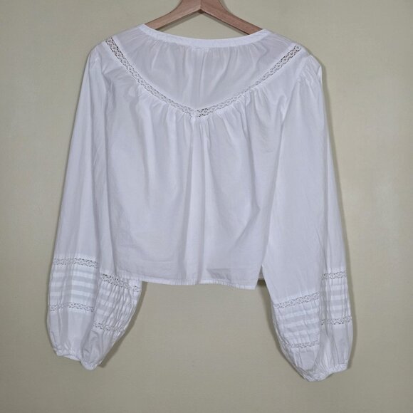 Aerie Peasant Blouse Womens L White Long Puff Sleeves 3 Ties Front Cotton Boho - Picture 16 of 16